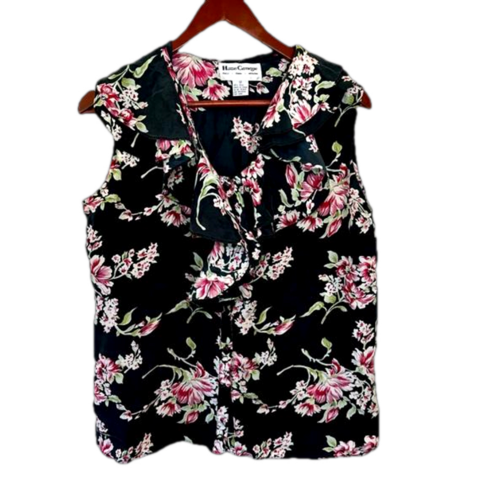 Hattie Carnegie Blouse Medium Black Floral 100% Silk Vintage Ruffle Button Up